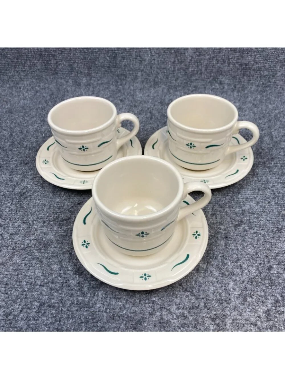 Longaberger Woven Traditions Heritage Green 3 Cups & 3 Saucers Set Lot USA